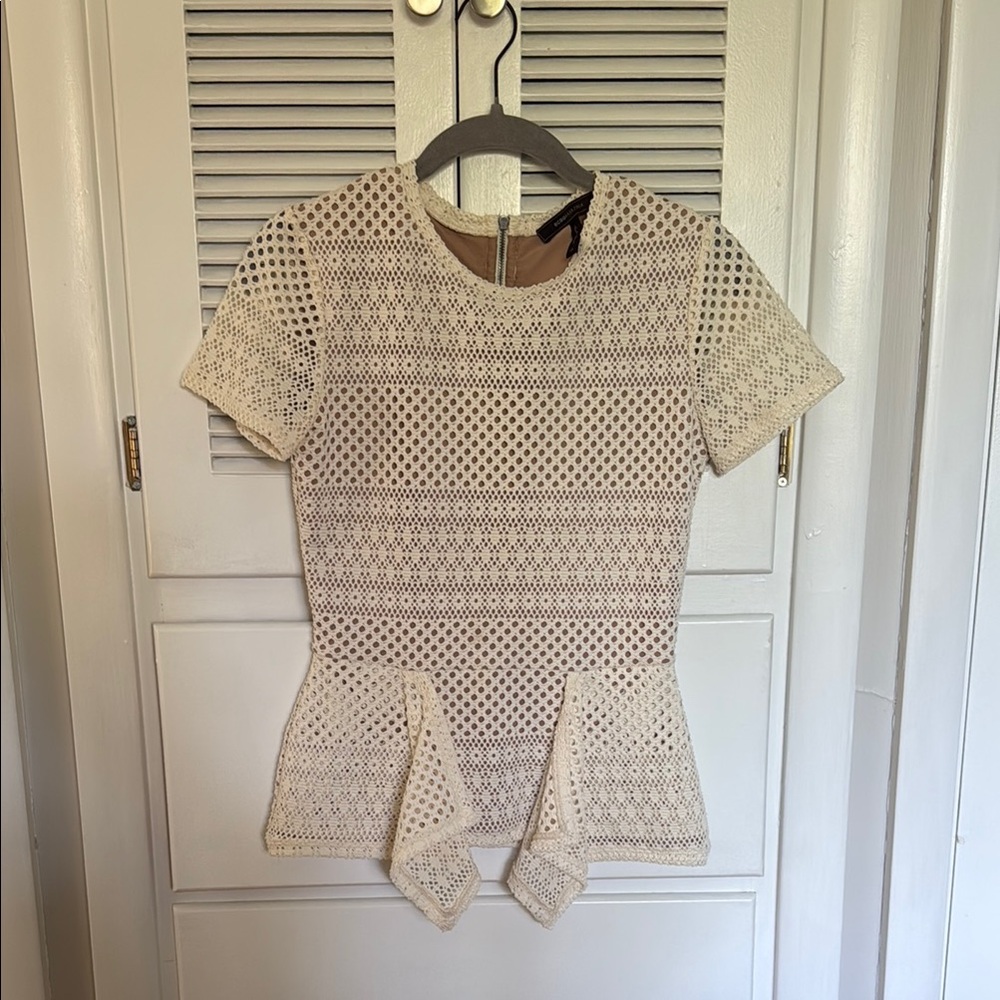 BCBGMaxAzria Beige Textured Peplum Blouse